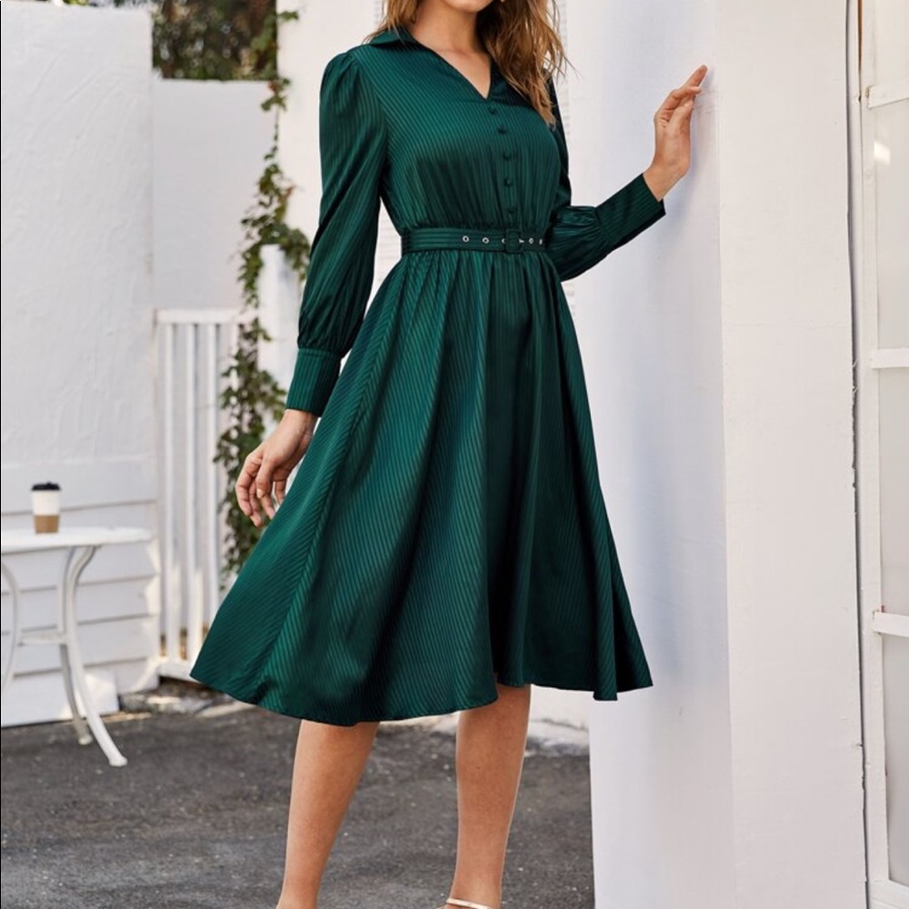 Teal Long Sleeve Striped Belted A line Dress